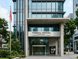 Singapore bank branch exterior; high-security commercial properties were early adopters of redundant alarm communication paths