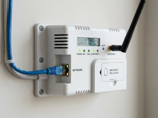 Modern alarm panel with dual communication module showing both Ethernet network port and cellular 4G antenna; IP primary and mobile backup