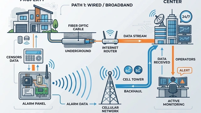 Dual communication path diagram showing primary IP connection and backup 4G cellular path from alarm panel to monitoring centre