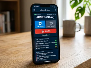 Smartphone displaying a burglar alarm mobile app with arm, disarm and zone status controls
