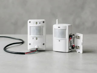 Side by side comparison of a wired alarm detector with cable and a wireless alarm detector with battery compartment