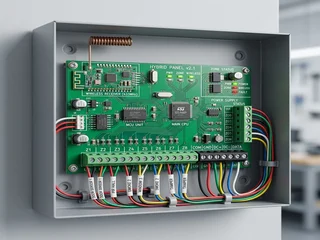 Hybrid alarm control board showing traditional wired terminals alongside a modern wireless receiver module; the core of a targeted upgrade
