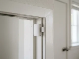 Modern wireless door contact sensor mounted on a frame; the alternative approach when existing cables are damaged or zone layouts need changing