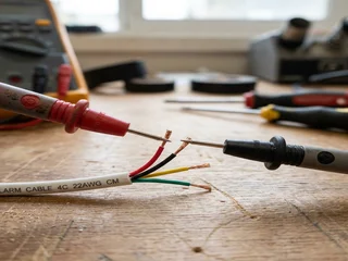 Digital multimeter probes testing the continuity of exposed alarm cable cores; the essential first step before committing to reuse existing wiring