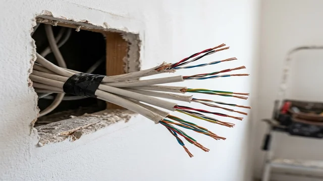 Alarm system wiring and cable terminations at an alarm panel; existing cables can often be reused during a burglar alarm upgrade