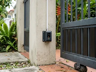Photo-electric safety sensor mounted at the base of a gate post; detecting obstacles in the gate's path to prevent entrapment of people and vehicles