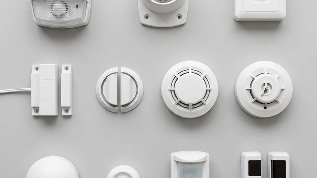 An array of burglar alarm detectors including magnetic contact, PIR sensor, glass break sensor and photobeam unit arranged on a clean surface
