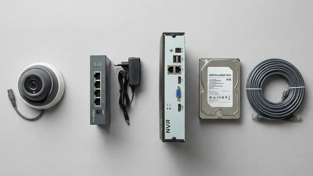 CCTV system components; camera, PoE switch, NVR recorder, hard disk and cabling laid out together showing the full system beyond just the camera