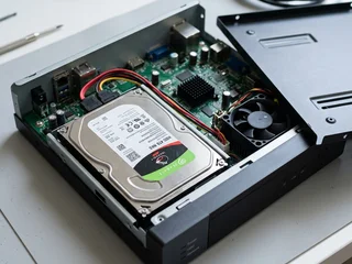 NVR recorder with hard disk drive visible; surveillance-grade hard disks designed for 24/7 continuous recording workloads are essential for reliable CCTV storage