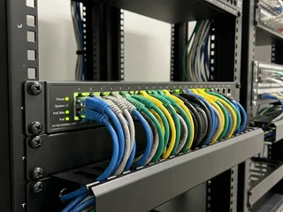 PoE network switch with cameras connected via single Ethernet cable; power and data on one cable makes CCTV installation cleaner and remote management easier