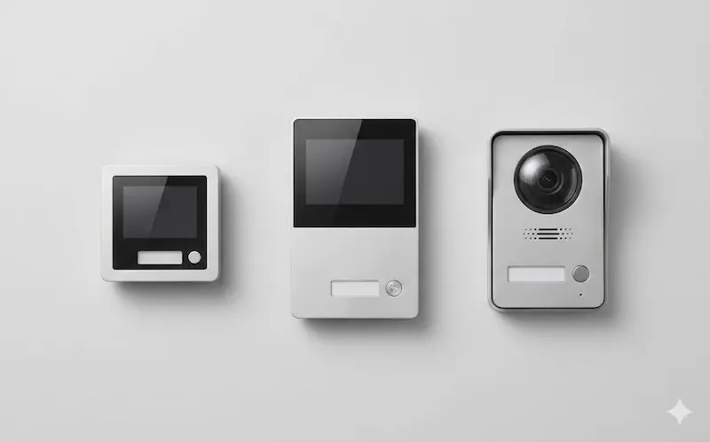 Various video intercom outdoor stations from different manufacturers side by side; the choice should follow requirements, not brand preference