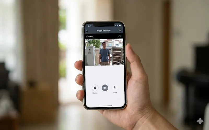 Smartphone displaying a video intercom app with a live camera view of a visitor at a residential gate; the primary interface for modern systems
