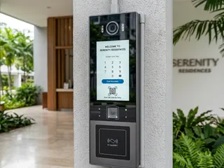 Resident using smartphone app to grant visitor access at Singapore condominium entrance; mobile integration is the most impactful feature of modern IP intercom systems