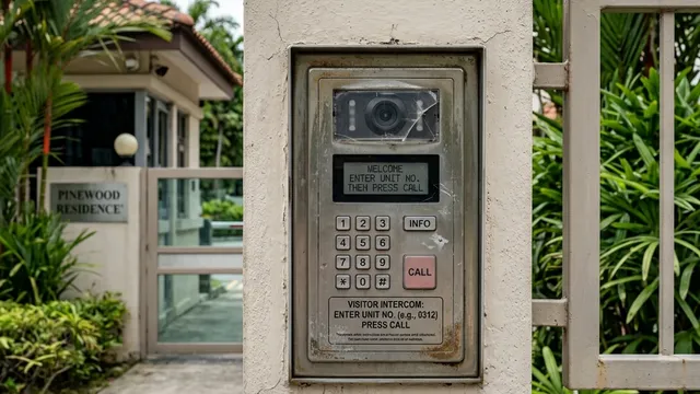 Condominium intercom visitor panel at a Singapore estate entrance; ageing systems often continue operating long after they should have been replaced
