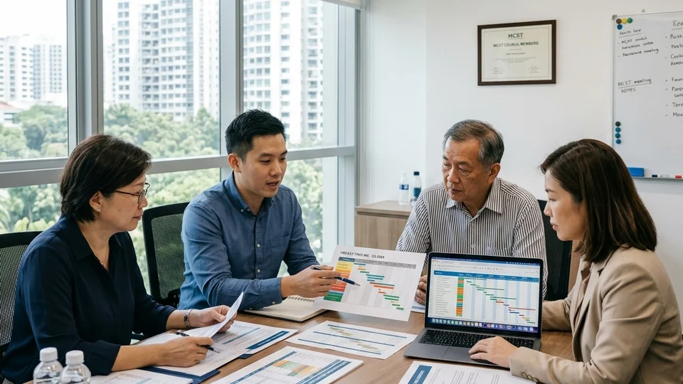 MCST council meeting in Singapore condominium management office reviewing security upgrade project timeline documents