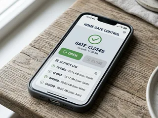 Smartphone app interface showing gate control with open and close buttons; remote access from anywhere with a data connection