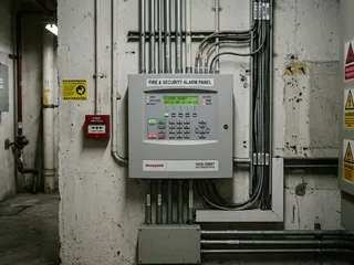 Alarm panel installed in a concealed utility room location; the brain of the alarm system, hidden but central to everything