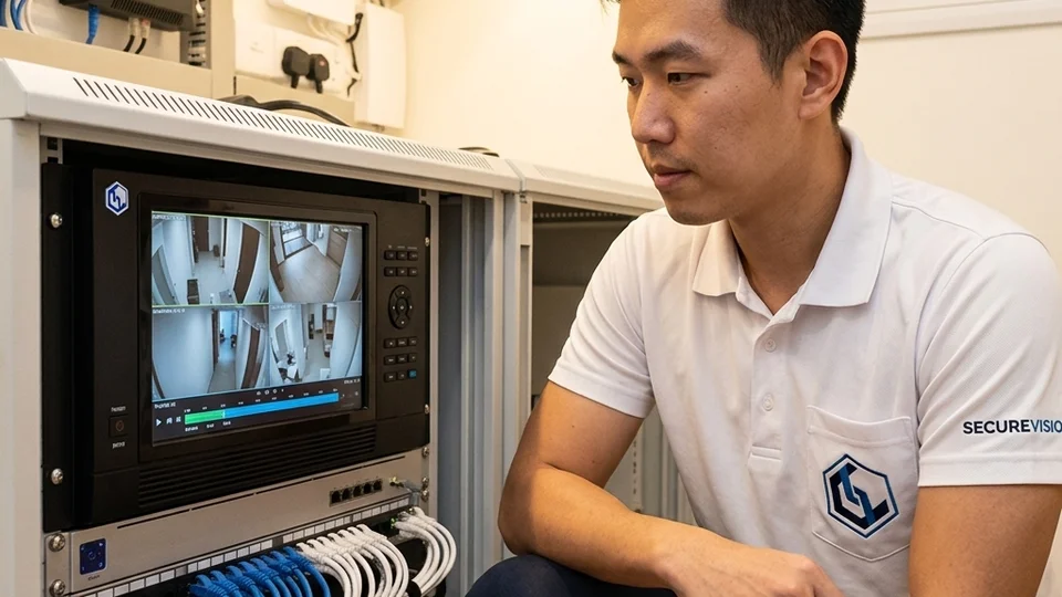 Securevision engineer checking security system health on NVR display at Singapore residential property
