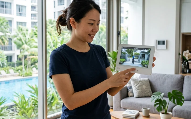Singapore resident testing video intercom indoor monitor showing live entrance camera feed