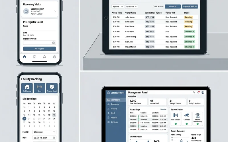 Three-screen view showing VESTA resident, guard and management interfaces at Singapore condominium