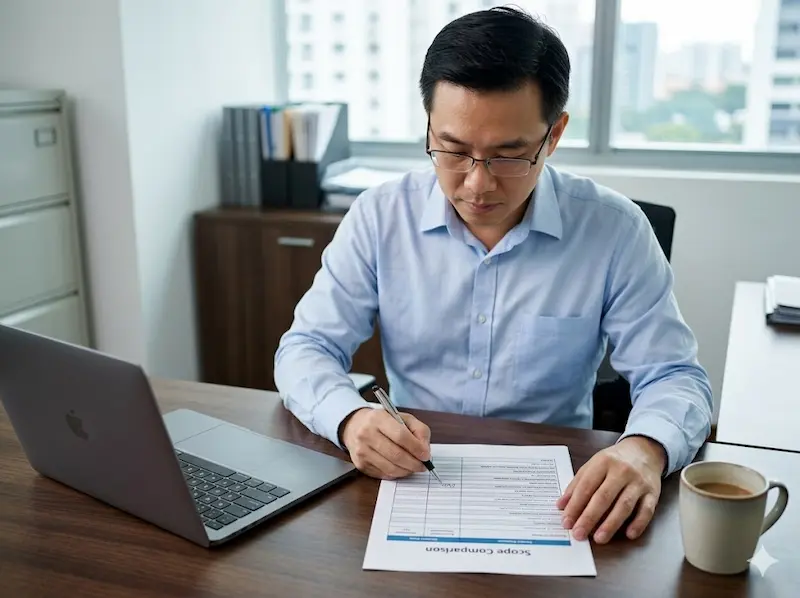 Security system specification document being reviewed; the specification is what makes three contractors price the same project