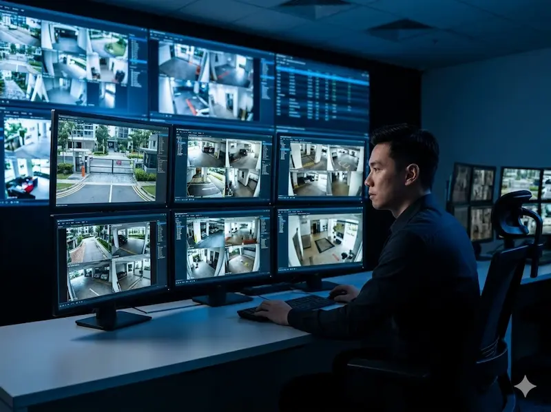 Central monitoring station operators at workstations monitoring alarm signals across multiple properties