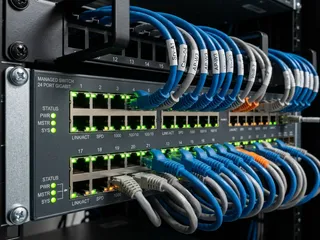 Managed network switch with active port LEDs and patch cables; the port-level visibility that makes security network fault diagnosis fast and accurate