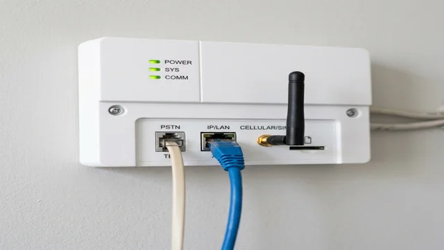 Alarm panel with both legacy telephone line port and modern Ethernet and cellular connections; representing the transition from PSTN to IP monitoring