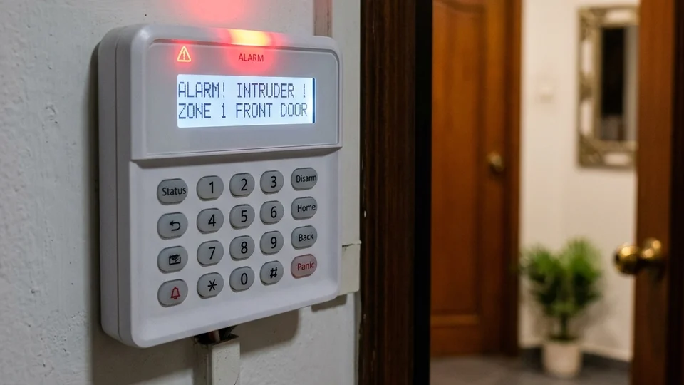 Burglar alarm keypad showing active alarm state in Singapore residential property entrance