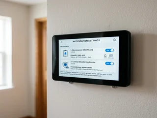Alarm panel settings screen showing simultaneous notification to homeowner mobile app and monitoring centre; the hybrid monitoring configuration