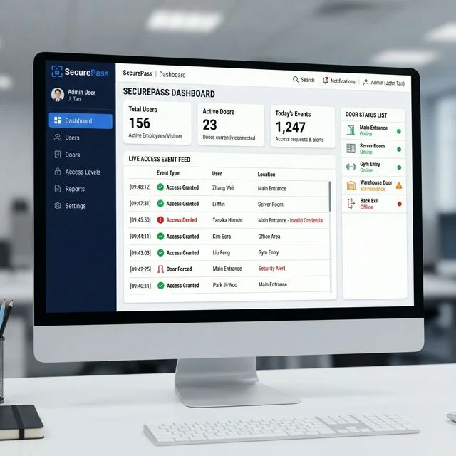 Access control management software dashboard showing user list and door status on computer screen