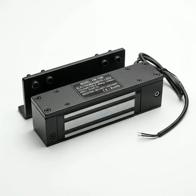 Electromagnetic lock mounted on door frame showing the magnet plate and mounting bracket