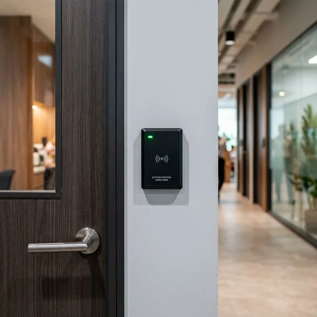 Fingerprint and card combination reader mounted on office wall beside access-controlled door