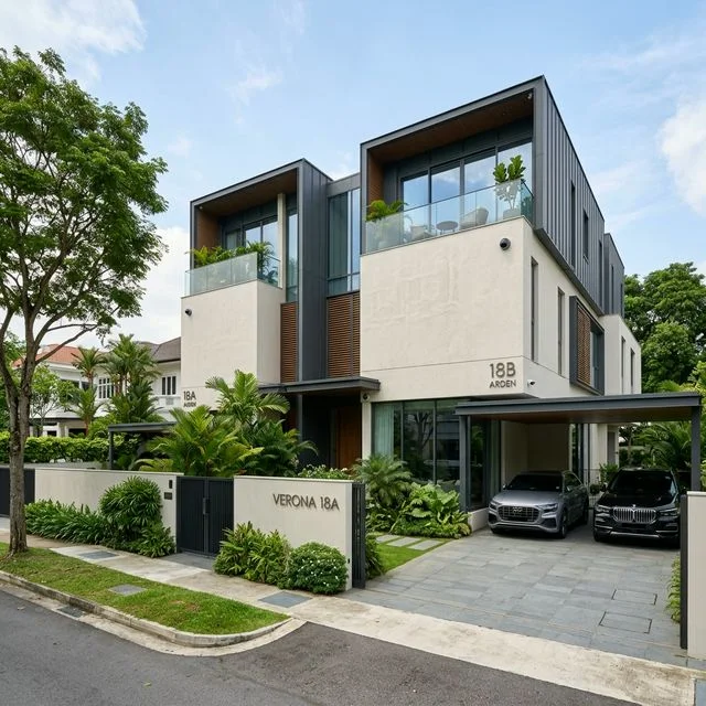 Singapore terrace house with visible external alarm siren box and CCTV camera at the entrance
