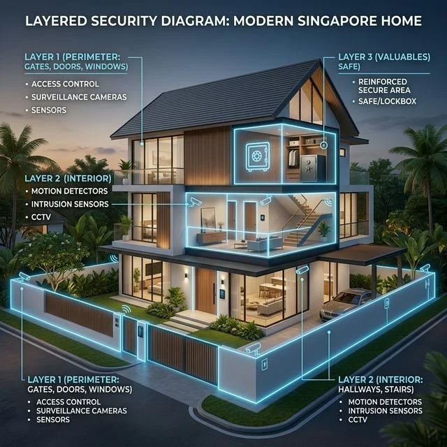 Smartphone screen showing alarm notification alongside CCTV live view from a Singapore property
