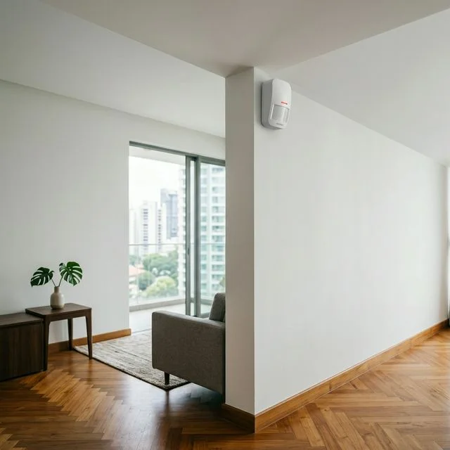 PIR motion detector mounted in the corner of a Singapore office or home showing detection coverage angle