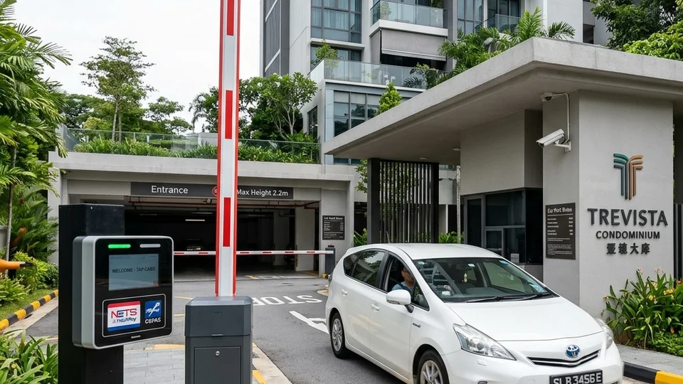 Car park boom barrier arm raised at a Singapore condominium car park entrance with access reader