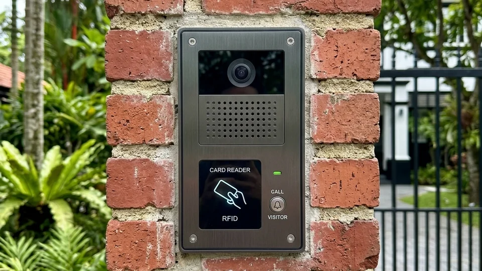 Video intercom panel with card reader mounted at a Singapore landed property gate post