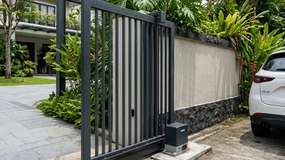 Sliding gate travelling along a ground track beside the boundary wall at a Singapore property