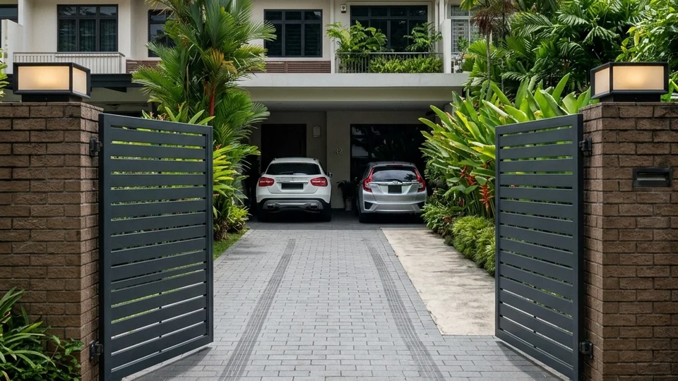 Dual-leaf swing gate opening inward at a Singapore terrace house driveway