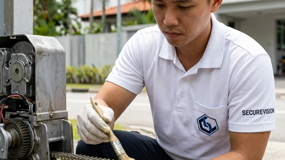 Securevision technician in white polo shirt lubricating the gear rack on a sliding gate motor at a Singapore property