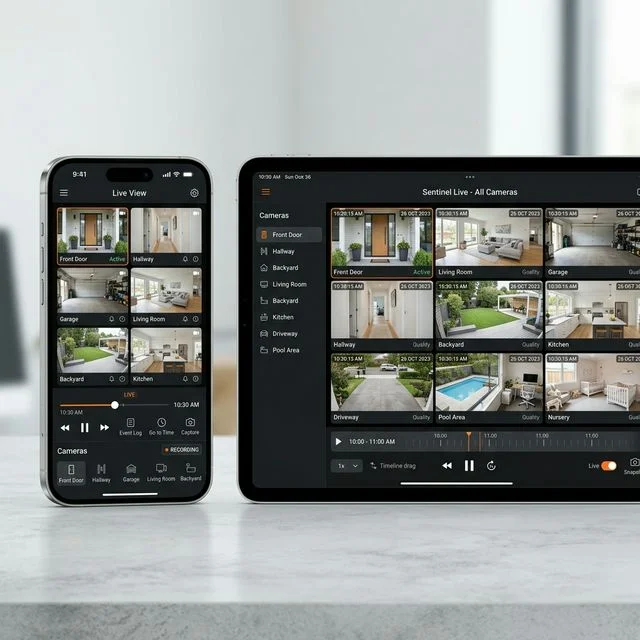 Smartphone displaying live CCTV camera feeds for remote monitoring of Singapore property