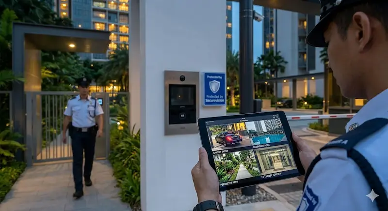 Security guard in uniform viewing four live CCTV feeds on a tablet at a Singapore condominium entrance