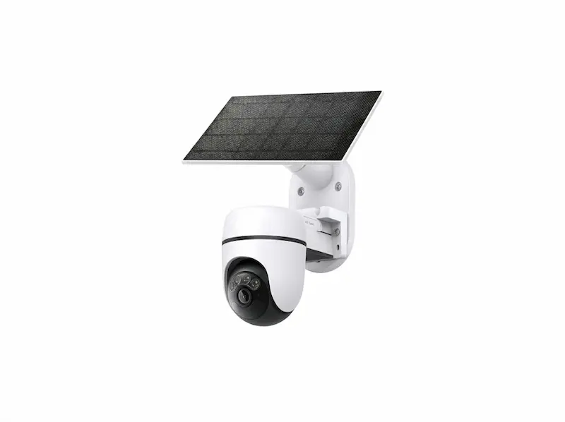Solar-powered AOV security camera mounted on a post at a Singapore construction site with solar panel visible