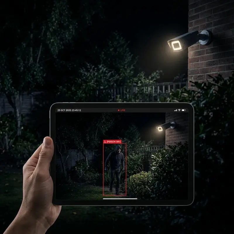 Hand holding tablet displaying night-time CCTV footage with red bounding box around a person in a hoodie, with a wall-mounted LED camera visible in background