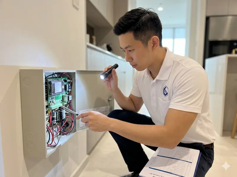 Security system handover documentation folder with as-built drawings user manuals and warranty cards on a desk