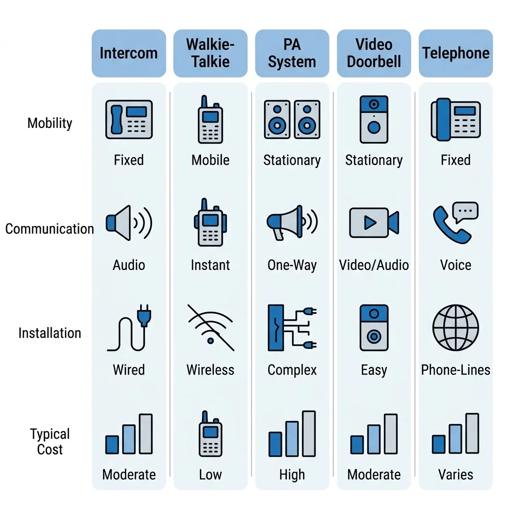 Diagram comparing analogue intercom star topology with IP network intercom architecture showing the infrastructure difference
