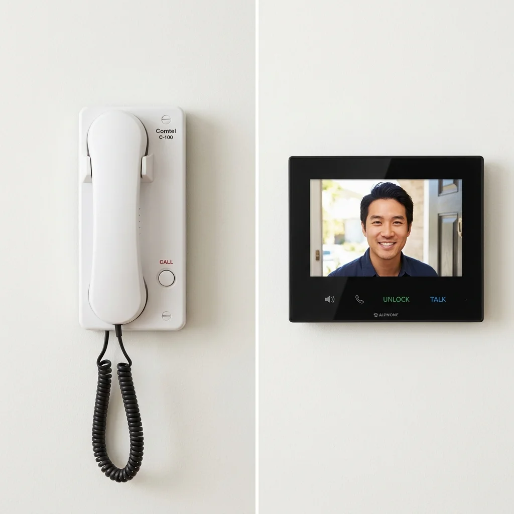 Side-by-side comparison of an audio handset intercom station and a modern video intercom with touchscreen monitor