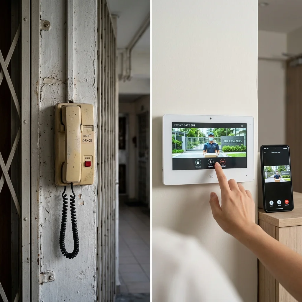 Side-by-side comparison of a 1970s analogue audio handset intercom and a modern IP touchscreen video intercom
