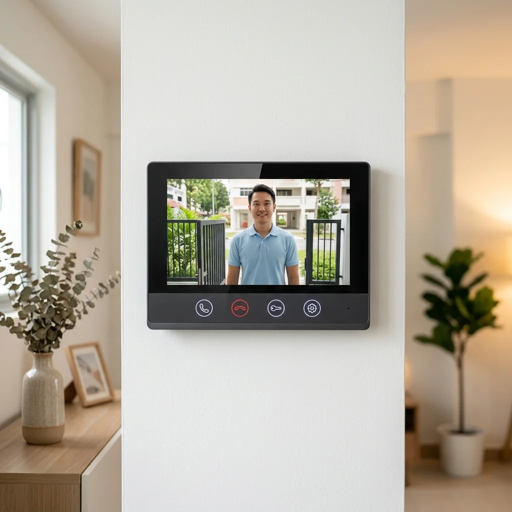 Modern 7-inch touchscreen hands-free video intercom indoor monitor showing visitor video feed